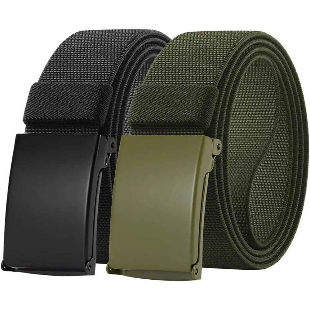 Women's 2 Canvas Black And Green Adjustable Elastic Web Belt Top Military Buckle